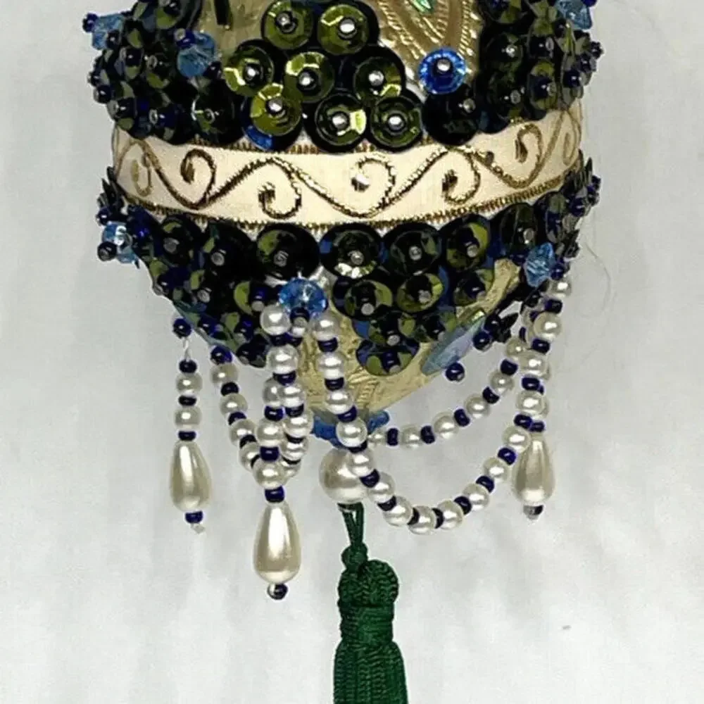 Iridescent Green Gold Beaded‎ Push Pin Chandelier Christmas Ornament MCM Vintage